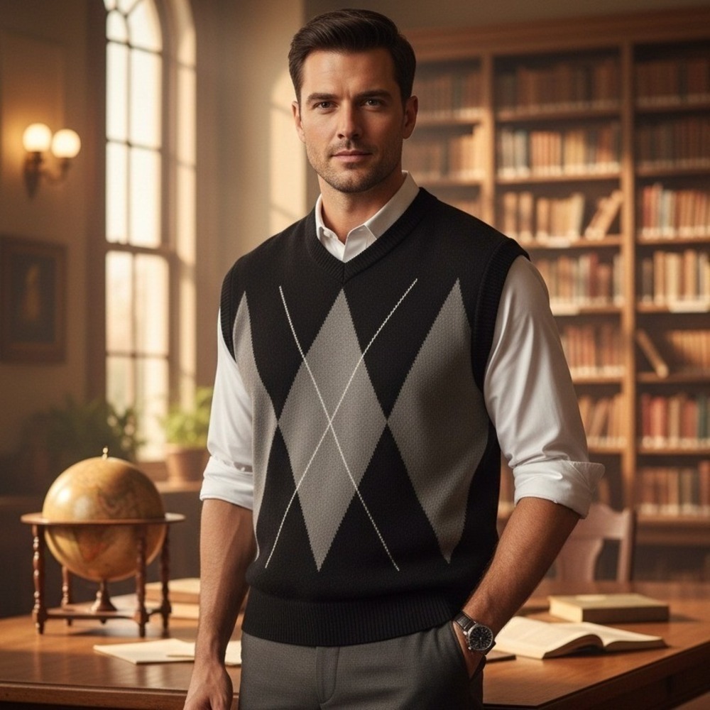 NEW Mens Black Argyle Sweater Vest Sleeveless Preppy Academia Classic Fit Size M - Picture 2 of 4